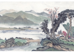 psd装饰素材下载-国画山水 - 小桥流