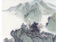 psd装饰素材下载-国画山水-大山里的村