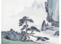 psd装饰素材下载-国画山水-河畔青松