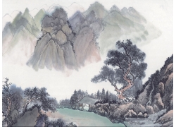 psd装饰素材下载-国画山水-山间草舍