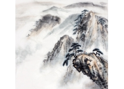 psd装饰素材下载-高山上的松树水墨画