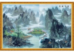 psd装饰素材下载-水墨山水风景中堂画