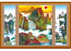 psd装饰素材下载-山水国画风景中堂画