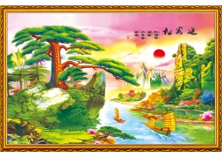 psd装饰素材下载-迎客松山水风景中堂画