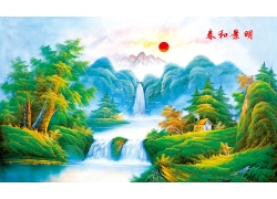 psd装饰素材下载-油画山水风景中堂画