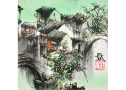 psd装饰素材下载-无框古镇风景画