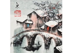 psd装饰素材下载-水墨江南风景画