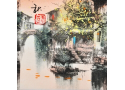 psd装饰素材下载-秋天江南水乡风景油画