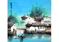 psd装饰素材下载-夏季江南水乡风景画