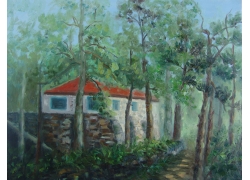 psd装饰素材下载-树林小屋风景油画